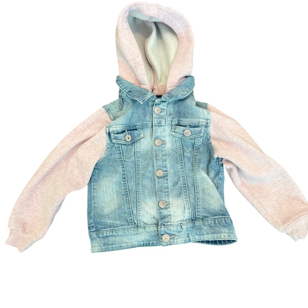 H&M &Denim Girls Light Wash Hooded Denim Jacket Pink Sleeves Size 5-6Y